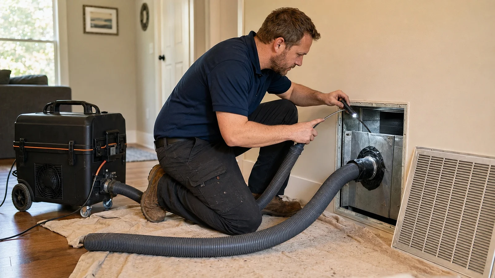 Technician cleaning an accessible residential air duct opening with vacuum equipment