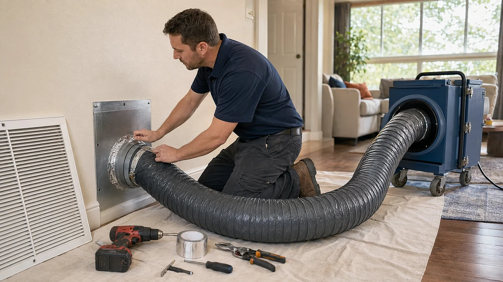 Negative-air hose connected to a residential duct system for cleaning