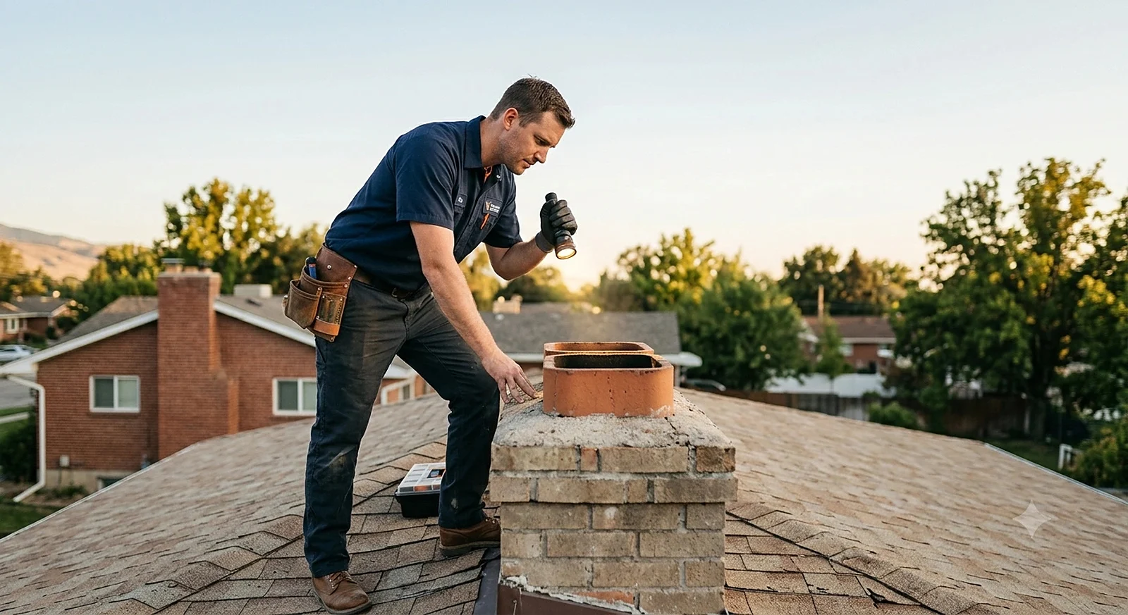 Technician inspecting a residential chimney cap from the roof