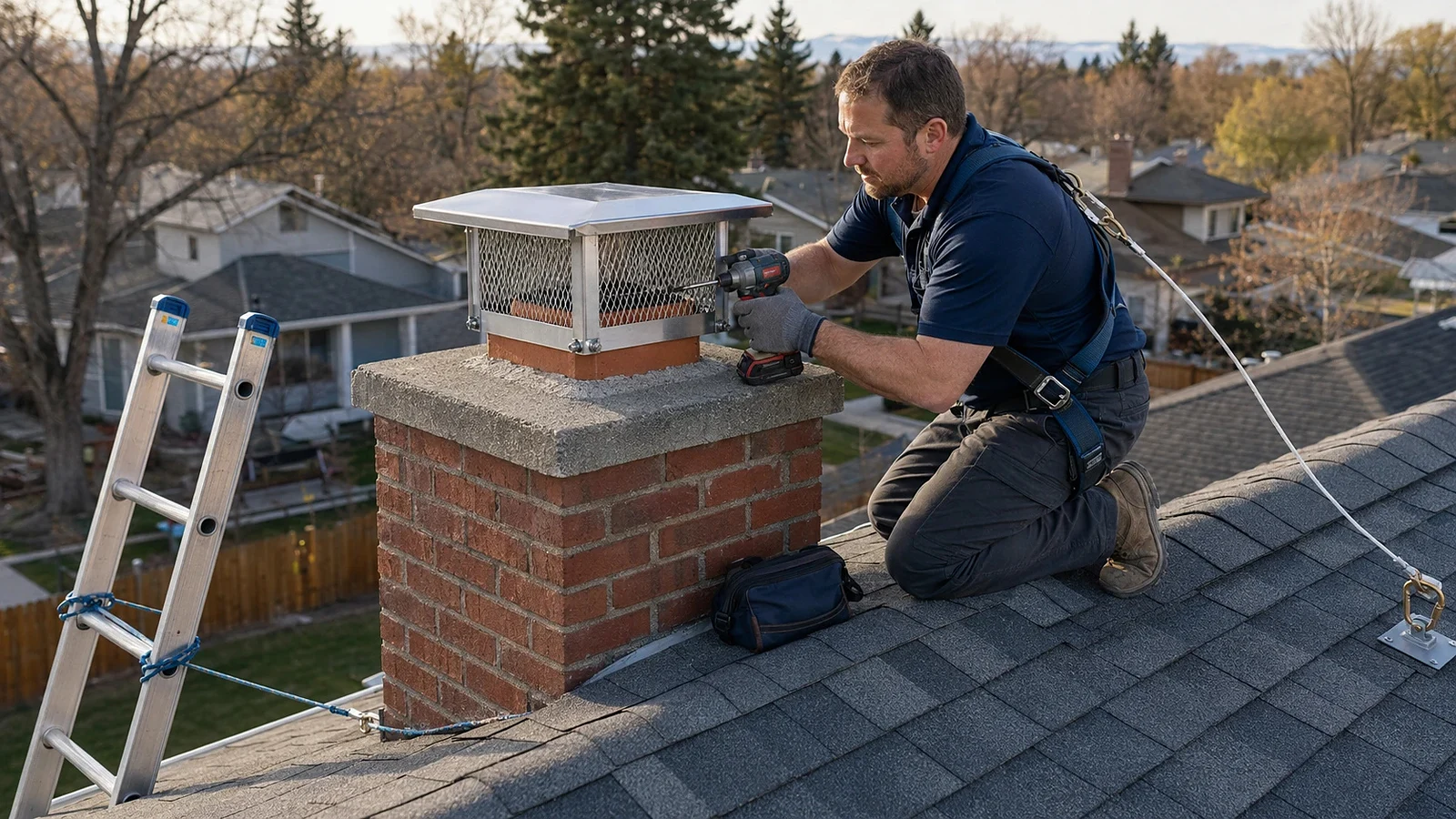 Technician installing a chimney cap on a residential masonry chimney