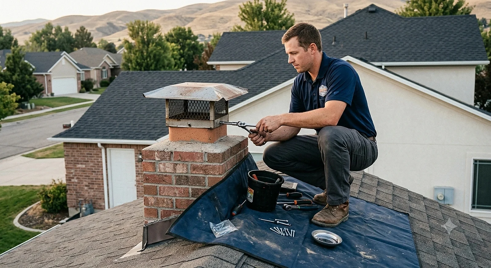 Technician repairing a chimney cap with the surrounding roof protected