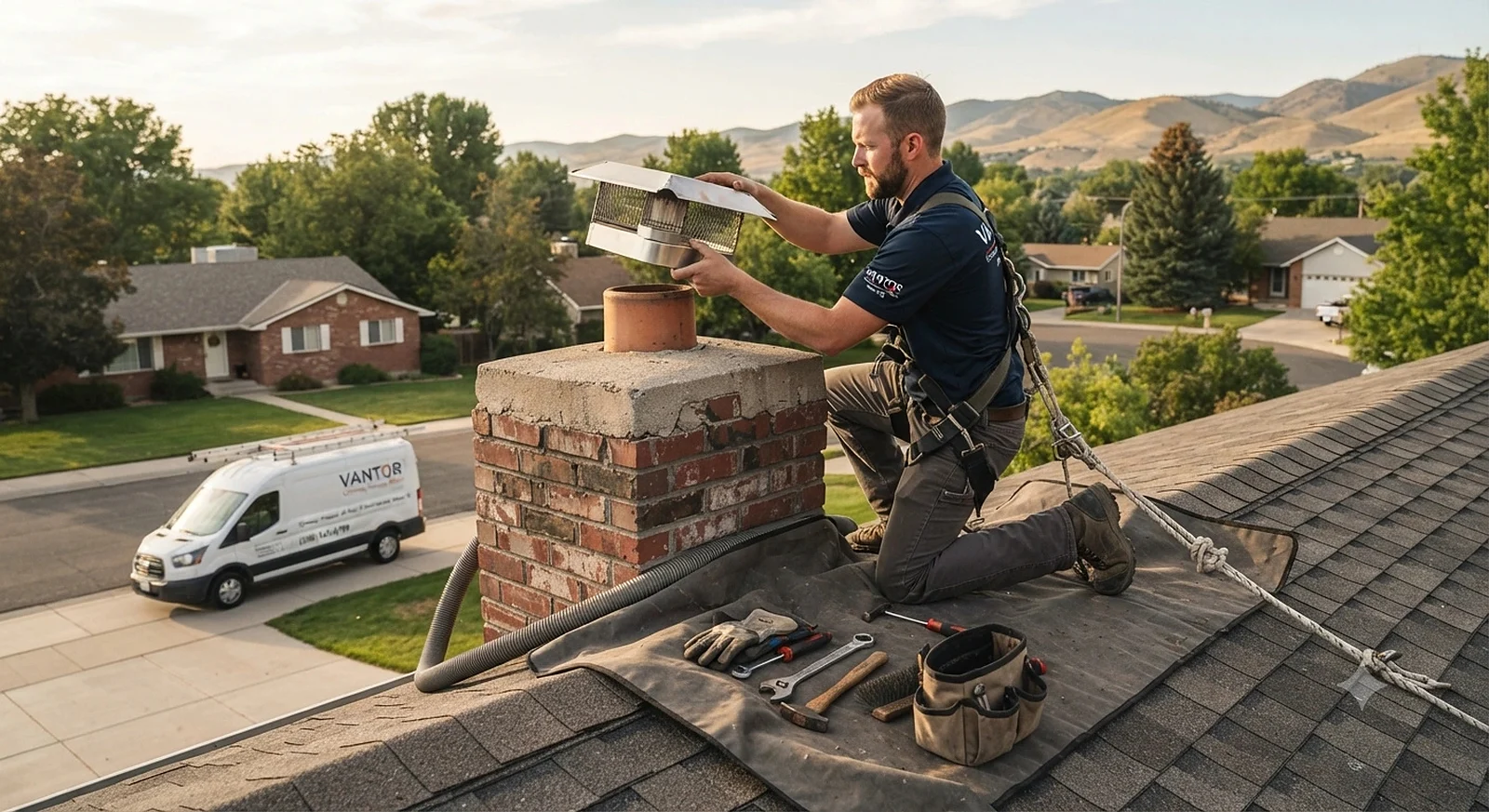 Technician completing a residential chimney cap repair on a pitched roof