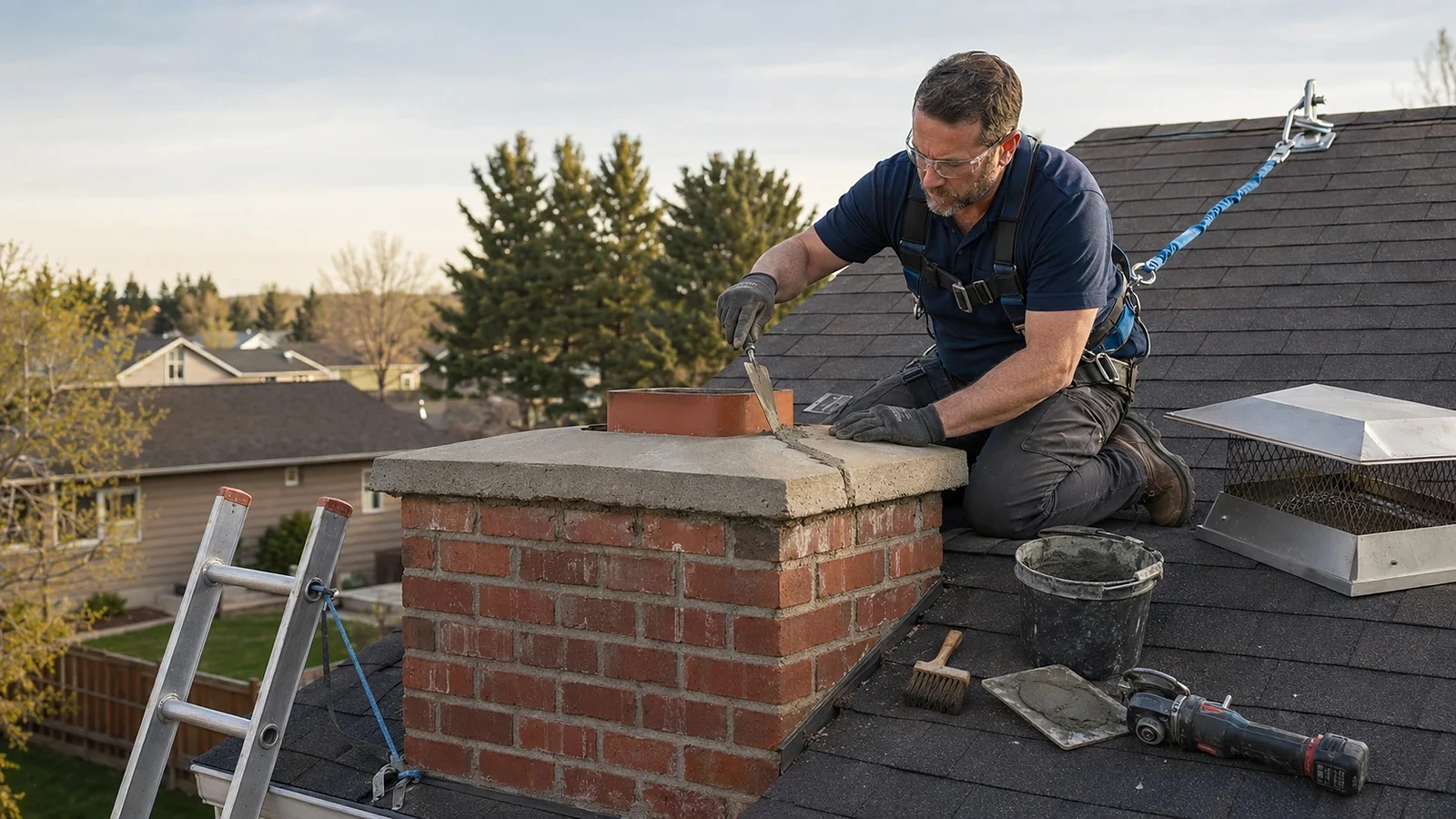 Technician repairing the crown of a residential masonry chimney