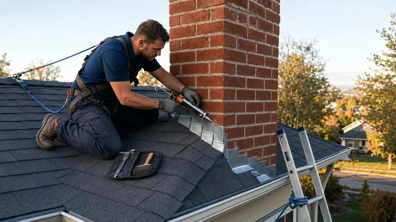 Technician repairing flashing around a residential chimney