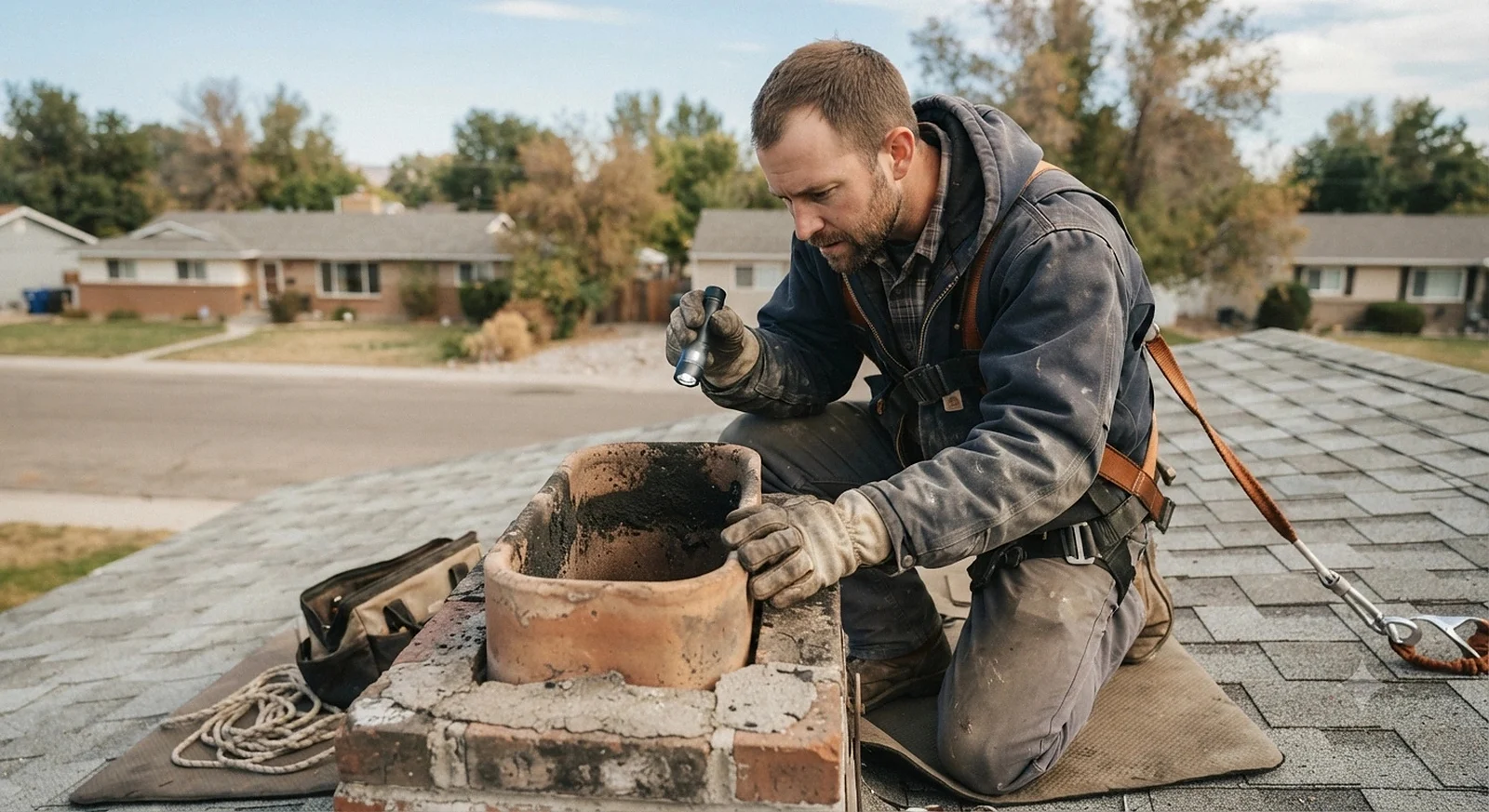 Technician inspecting a chimney flue and termination from the roof
