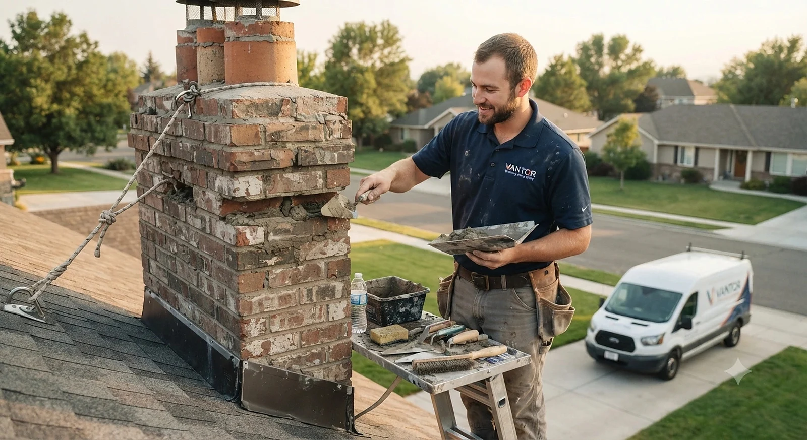 Technician assessing masonry conditions on a residential chimney