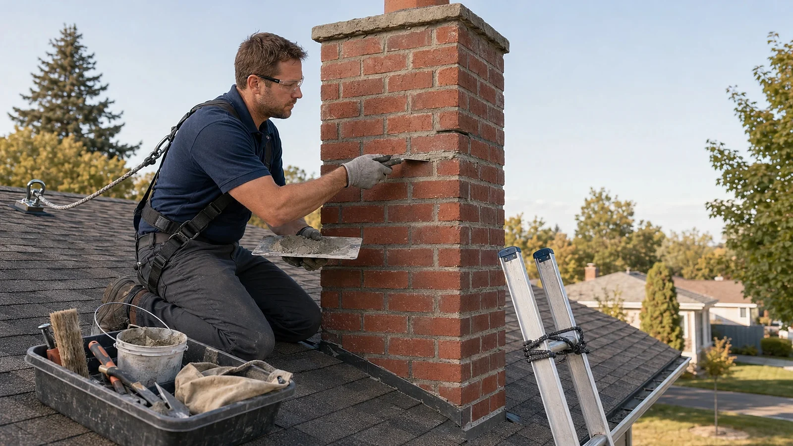 Technician inspecting mortar joints on a residential chimney