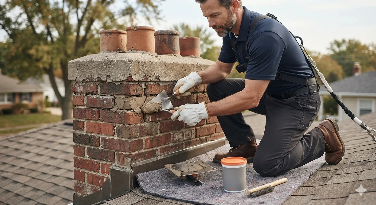 Close view of mortar repair work on a masonry chimney