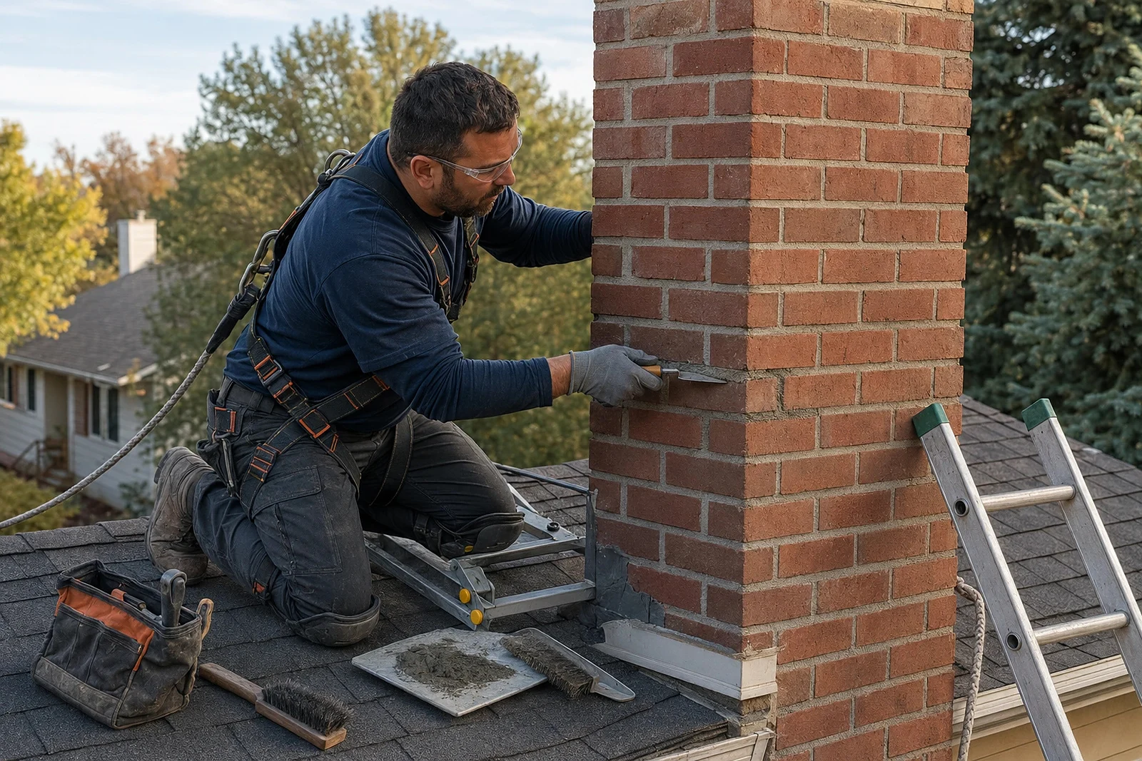 Technician repairing mortar joints on the sidewall of a chimney