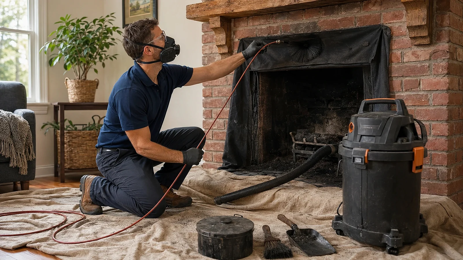 Technician sweeping a fireplace chimney with containment and vacuum equipment