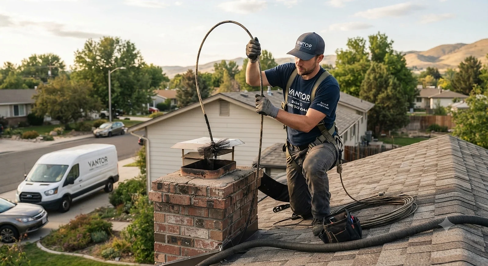 Technician using flexible sweeping rods from a residential roof