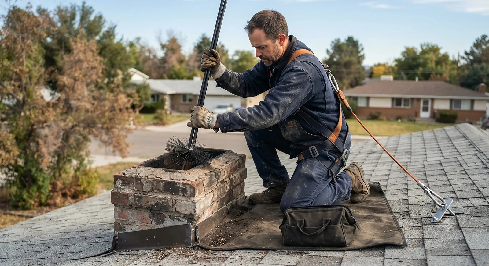 Technician guiding chimney sweeping rods from a residential roof