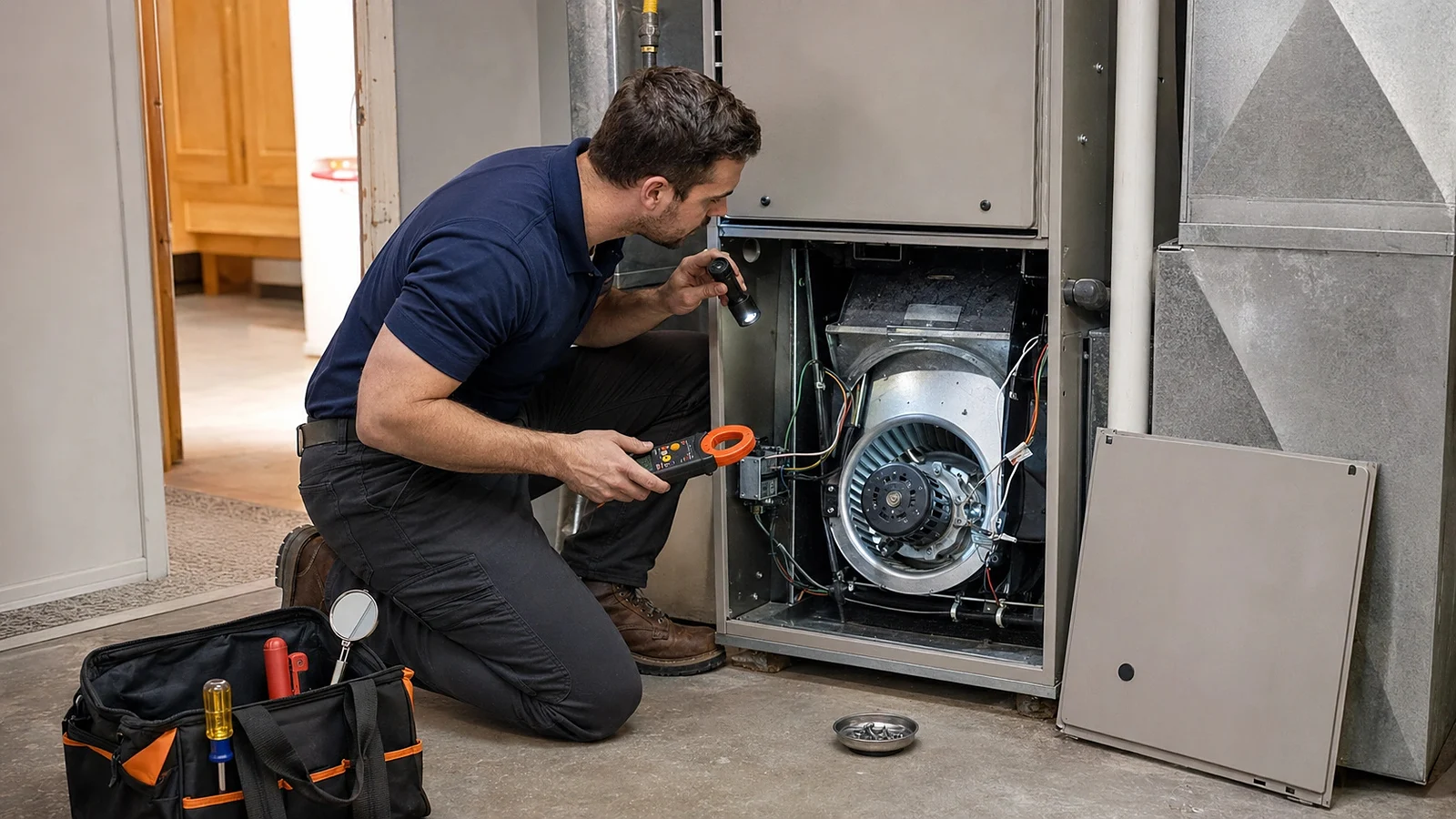 Technician inspecting accessible internal components of a residential dryer