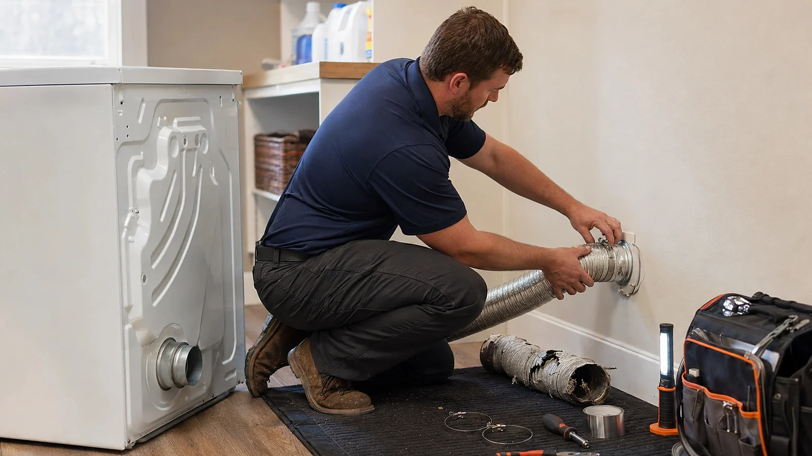 Technician servicing the connection between a dryer and its exhaust duct
