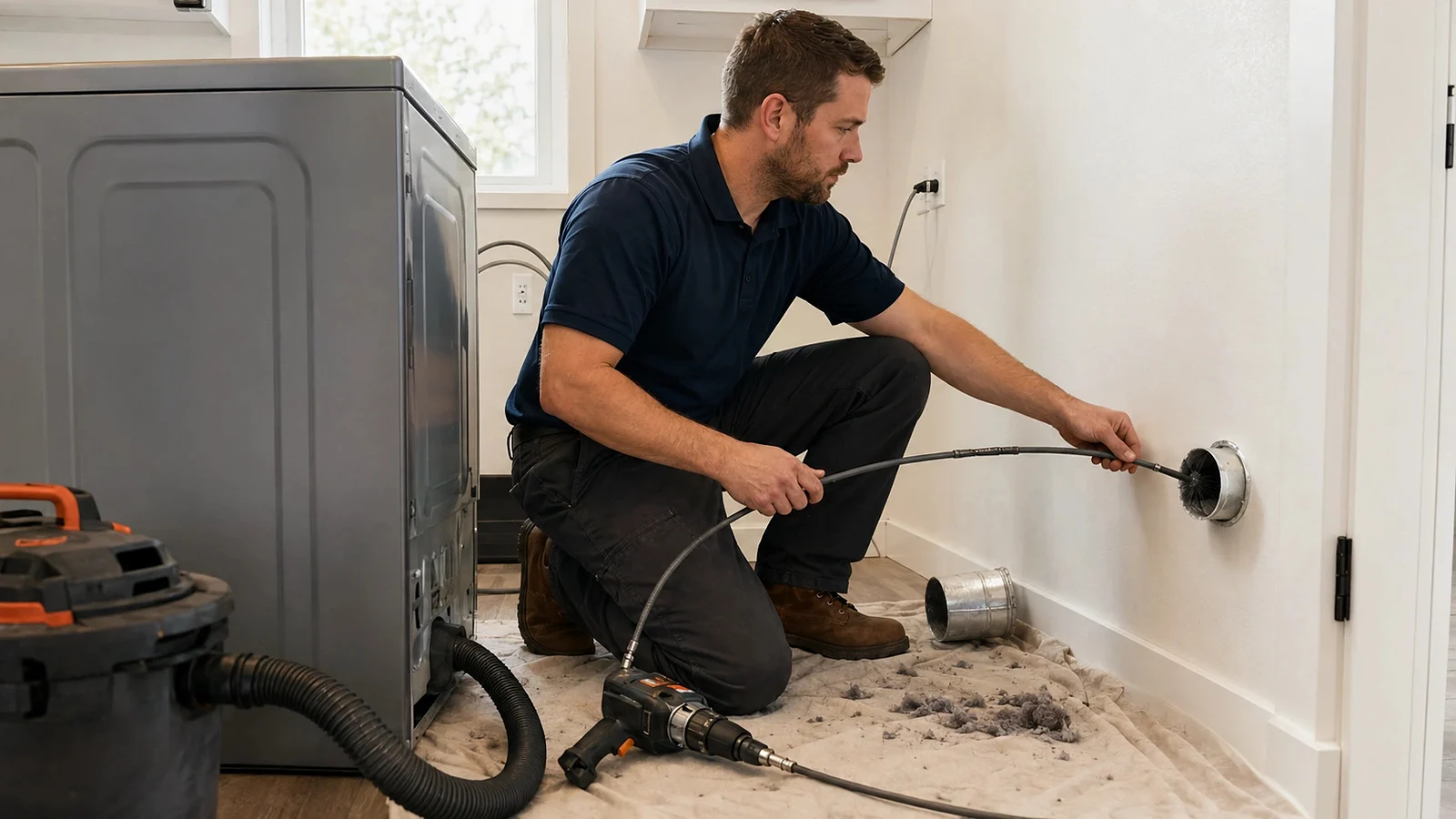 Technician removing lint buildup from a residential dryer vent