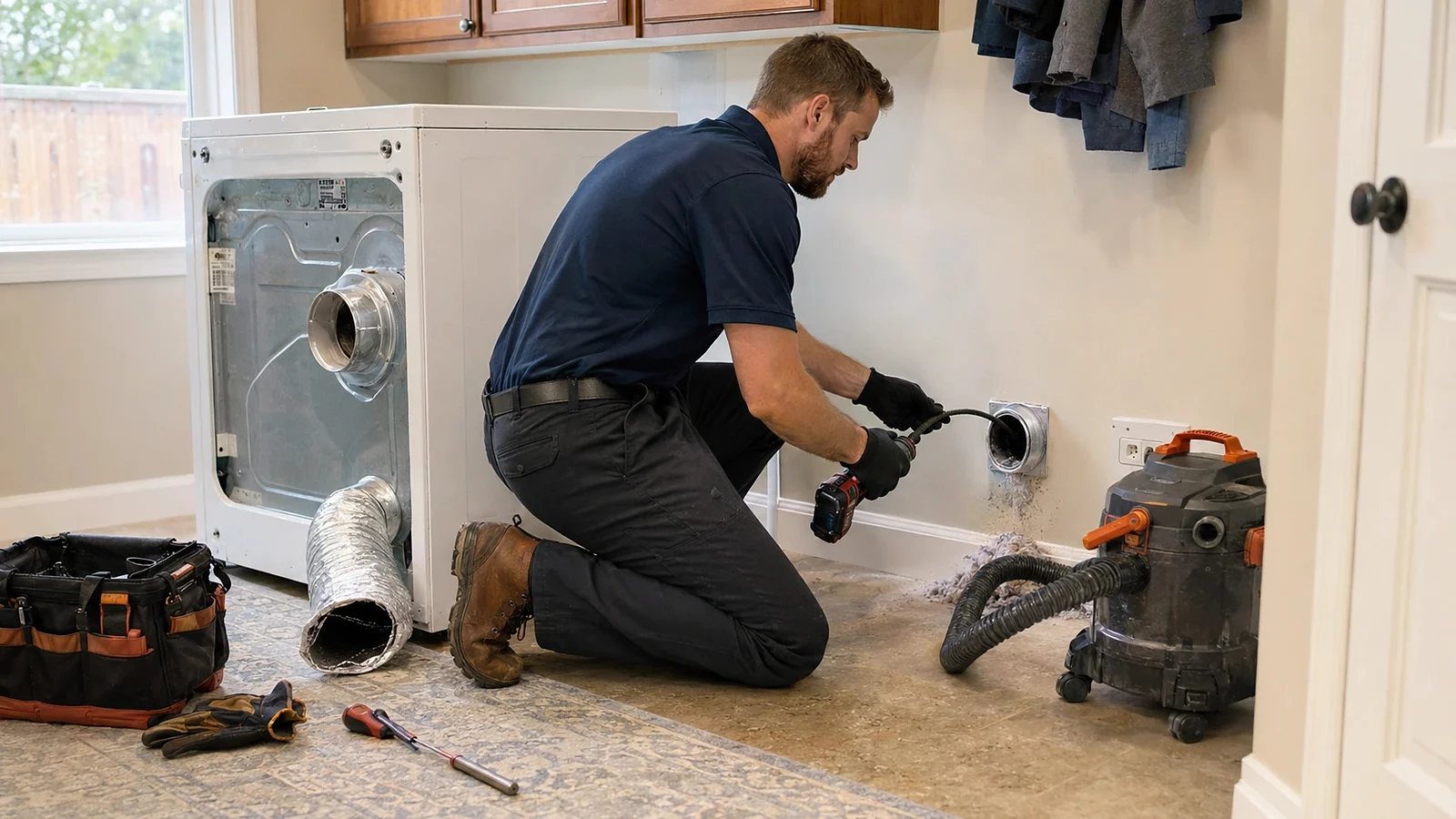 Technician cleaning a residential dryer vent at the wall connection