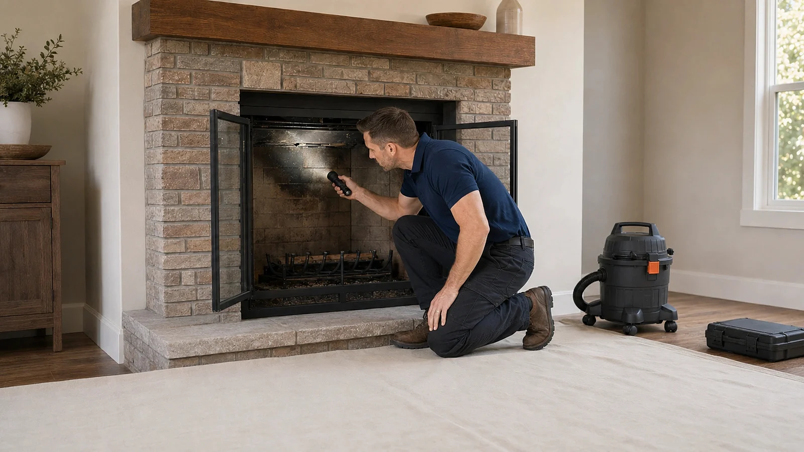 Technician using a flashlight to inspect the interior of a residential fireplace