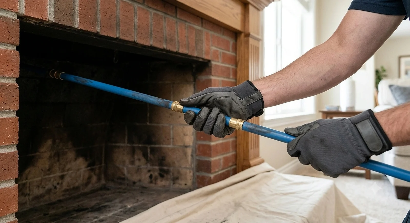 Close view of a chimney sweeping brush working inside a fireplace