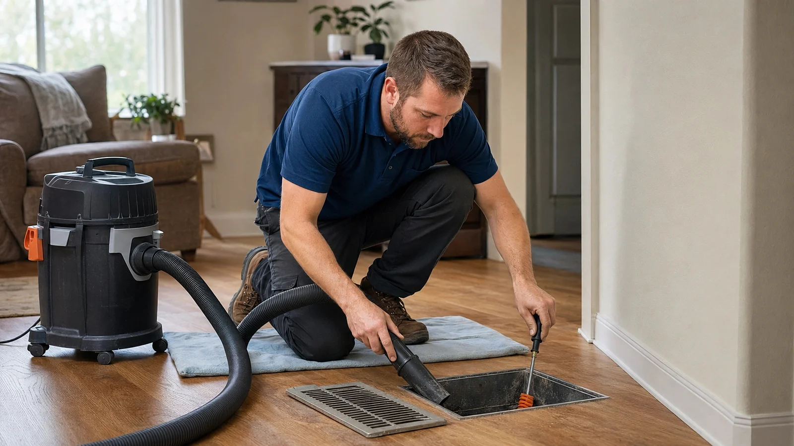 Technician cleaning a residential floor register and accessible duct opening