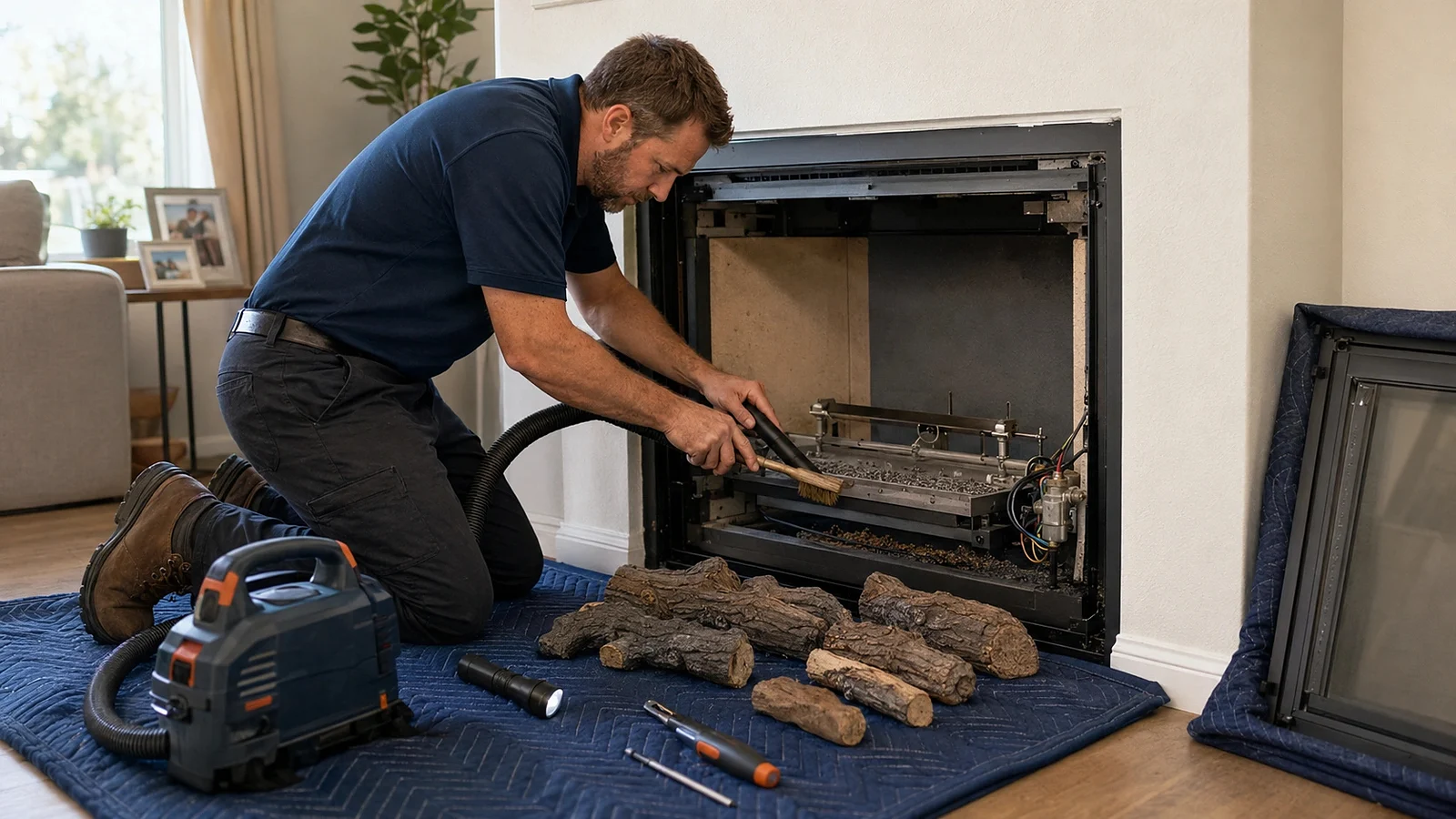 Technician using vacuum equipment to clean a residential gas fireplace