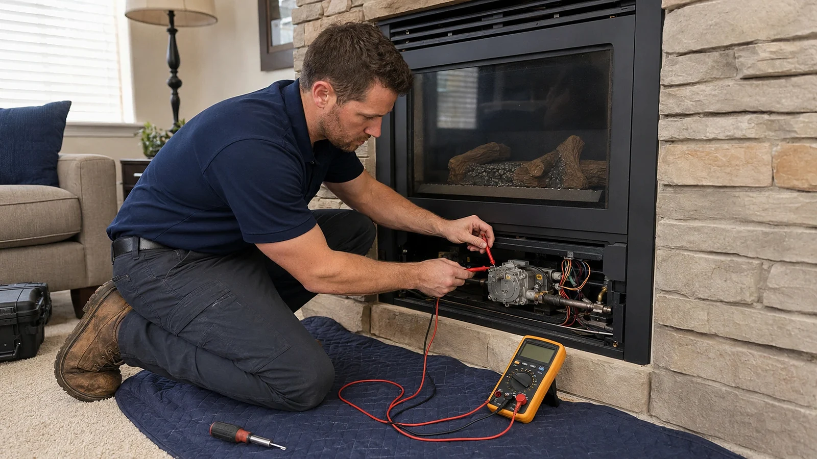Technician using a multimeter to diagnose a residential gas fireplace