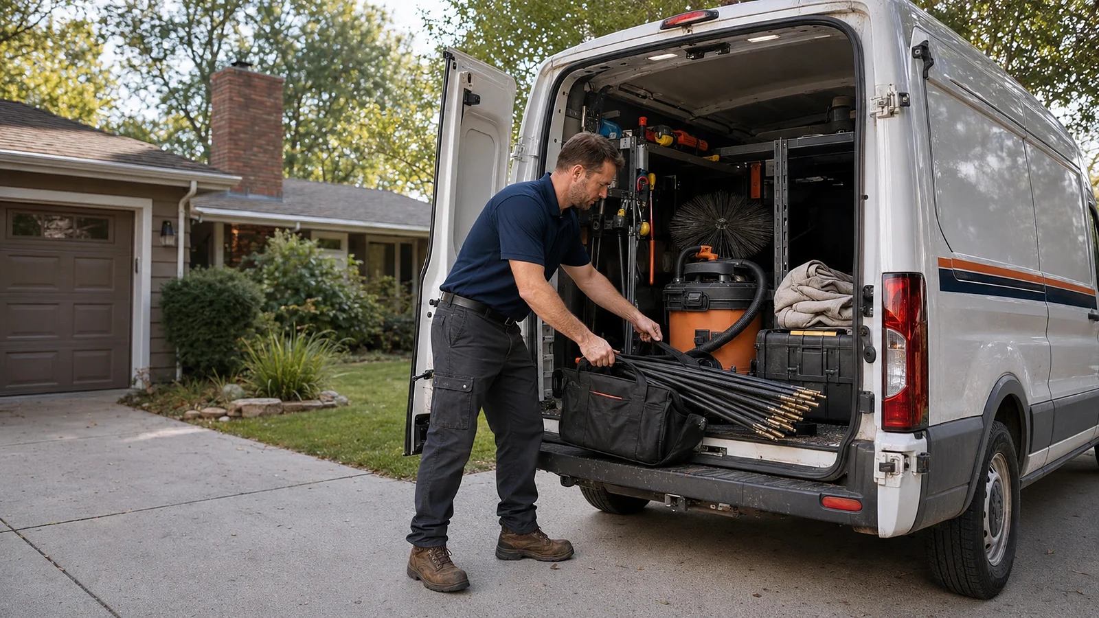 Technician organizing service equipment beside a work van