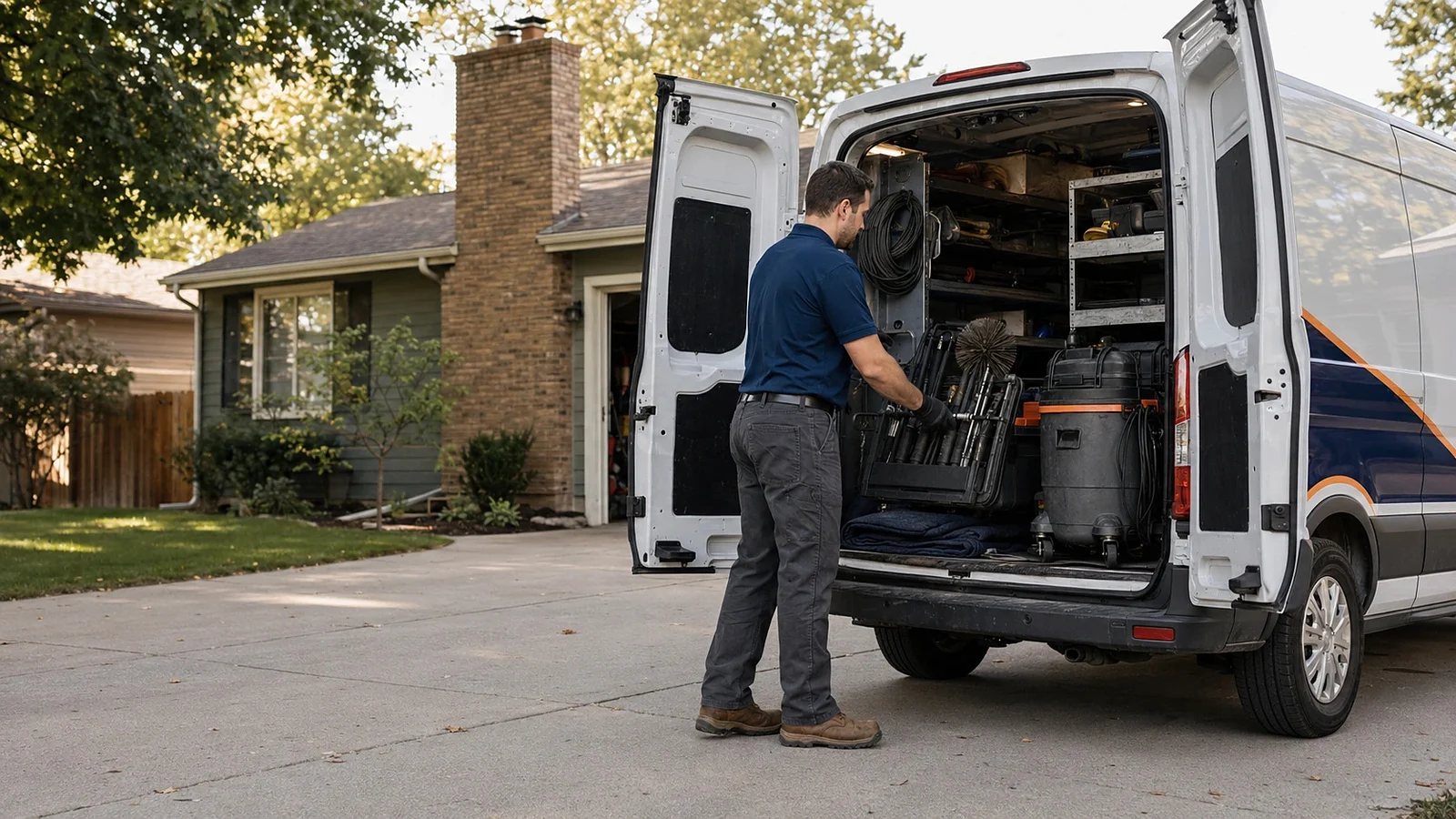 Technician retrieving organized equipment from a service van
