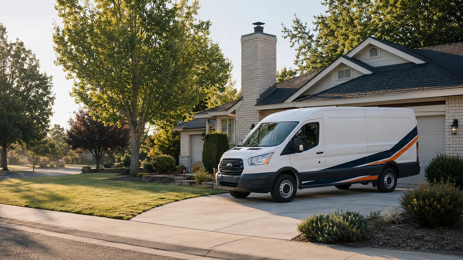 Service van parked outside a residential home before a service visit