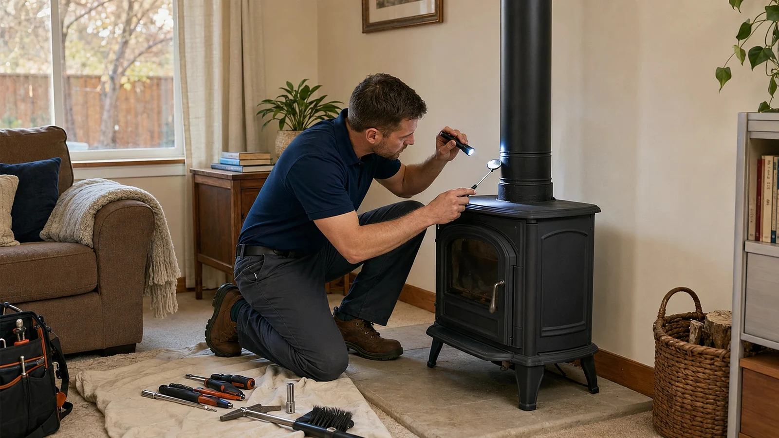 Technician inspecting an accessible residential wood stove installation